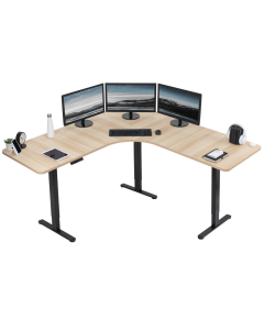 71" x 71" Curved Corner Triple Motor Electric Desk with Push Button Memory (Light Wood Top)