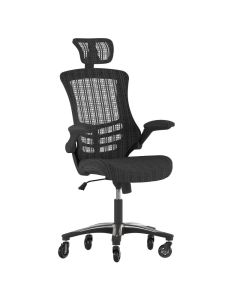 Kelista High-Back Black Mesh Swivel Ergonomic Executive Office Chair with Flip-Up Arms and Transparent Roller Wheels