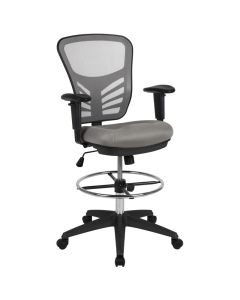Tyler Mid-Back Light Gray Mesh Ergonomic Drafting Chair with Adjustable Chrome Foot Ring, Adjustable Arms and Black Frame